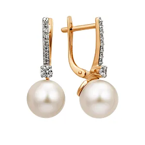 Серьги из красного золота с жемчугом и фианитами