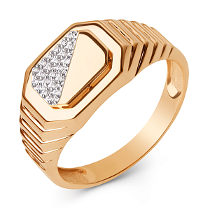 Кольцо печатка из красного золота с фианитами