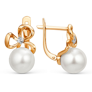 Серьги из красного золота с жемчугом и фианитами