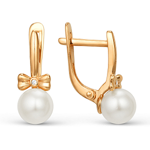 Серьги из красного золота с жемчугом и фианитами