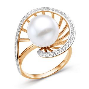 Кольцо из красного золота с жемчугом и фианитами