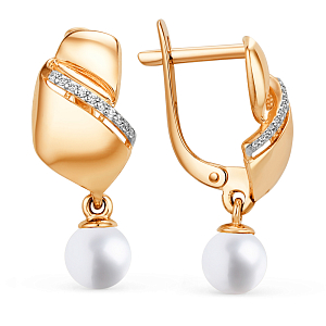 Серьги из красного золота с жемчугом и фианитами