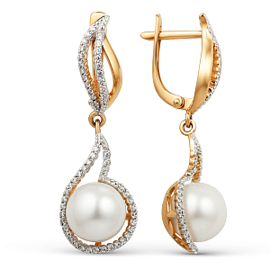 Серьги из красного золота с жемчугом и фианитами