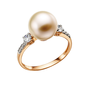 Кольцо из красного золота с жемчугом и фианитами