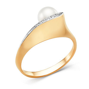 Кольцо из красного золота с жемчугом и фианитами