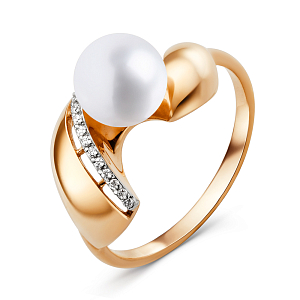 Кольцо из красного золота с жемчугом и фианитами