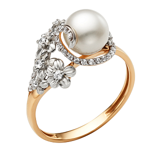 Кольцо из красного золота с жемчугом и фианитами