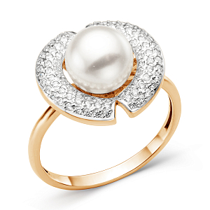 Кольцо из красного золота с жемчугом и фианитами
