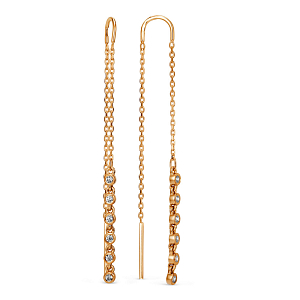 Серьги продевки из красного золота с фианитами