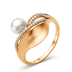 Кольцо из красного золота с жемчугом и фианитами