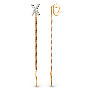 Серьги продевки из красного золота с фианитами