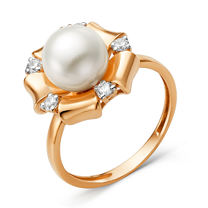 Кольцо из красного золота с жемчугом и фианитами