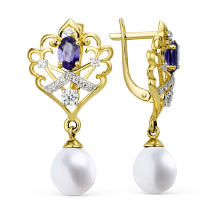Серьги из желтого золота с жемчугом и фианитами