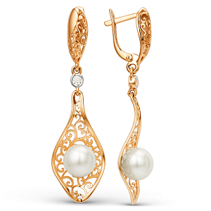 Серьги из красного золота с жемчугом и фианитами