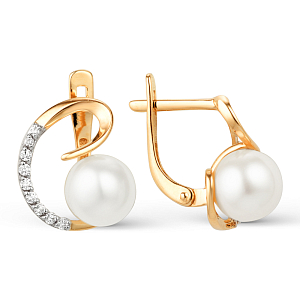 Серьги из красного золота с жемчугом и фианитами