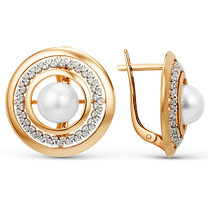 Серьги из красного золота с жемчугом и фианитами
