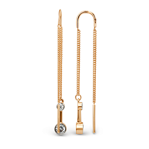 Серьги продевки из красного золота с фианитами