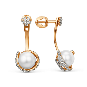 Серьги пусеты из красного золота с жемчугом и фианитами