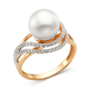 Кольцо из красного золота с жемчугом и фианитами