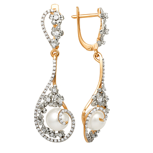 Серьги из красного золота с жемчугом и фианитами