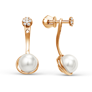 Серьги пусеты из красного золота с жемчугом и фианитами