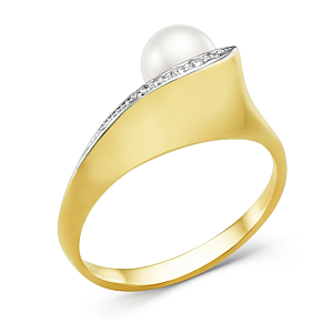 Кольцо из желтого золота с жемчугом и фианитами