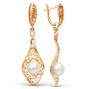 Серьги из красного золота с жемчугом и фианитами