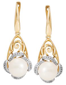 Серьги из желтого золота с жемчугом и фианитами